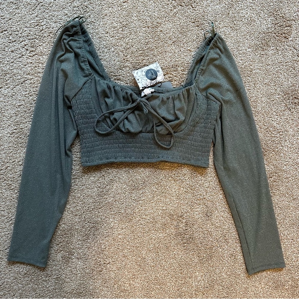 Green Sparkly Long Sleeve Crop Top